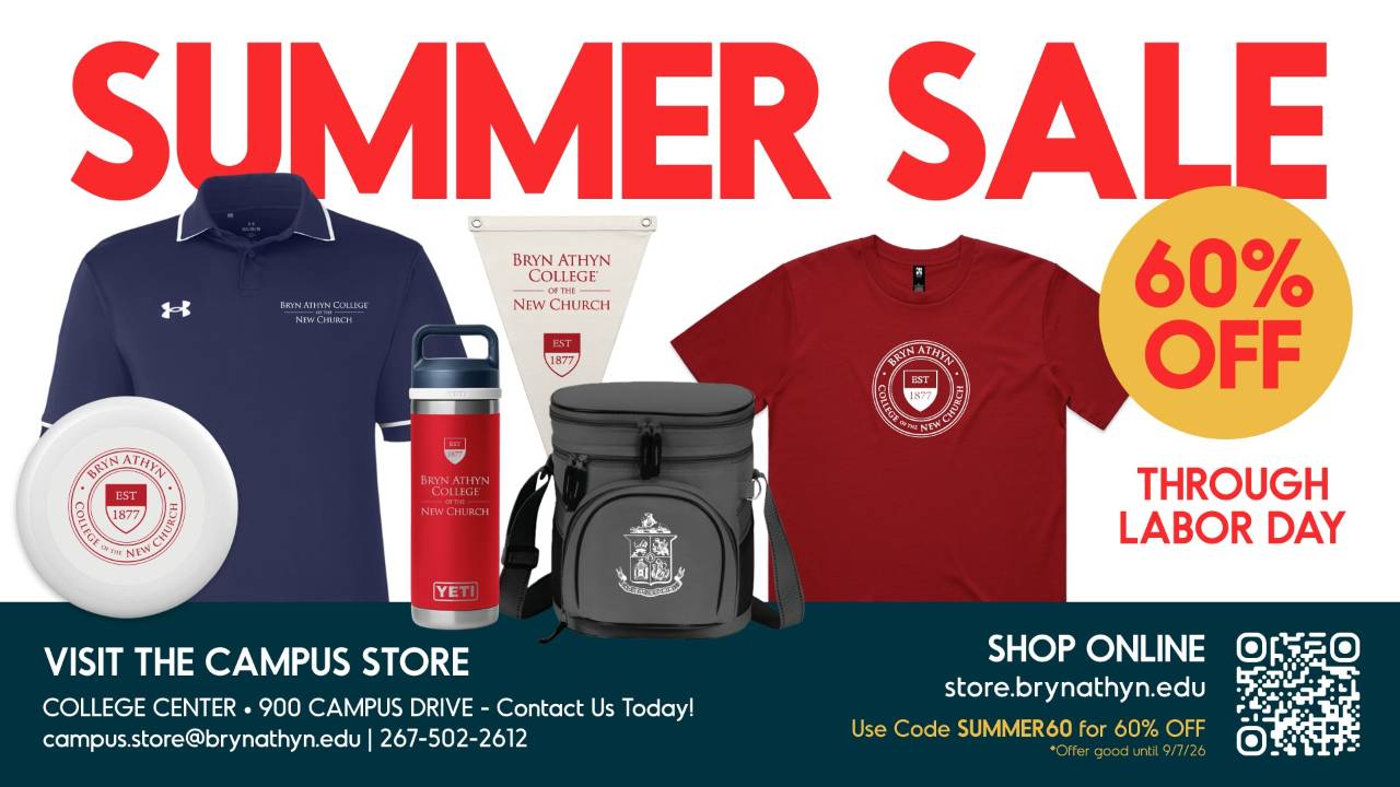 Flyer showing apparel from bryn athyn college of the new church's online store