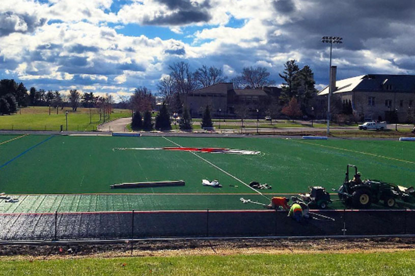 Bryn Athyn College installation of the General Nelson turf field under sunny winter skies