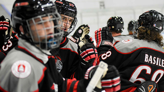 Men's ice hockey players gather in a group