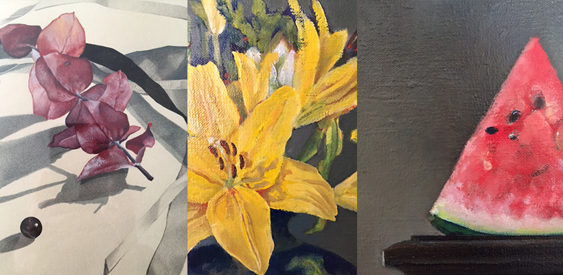 tryptic of Martha Gyllenhaal's paintings: lilies, foliage, and a watermelon