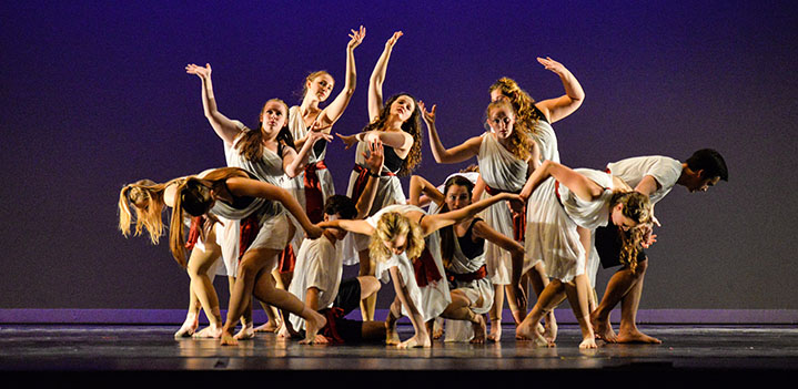 Dancers strike a group pose during a dance concert at Bryn Athyn College
