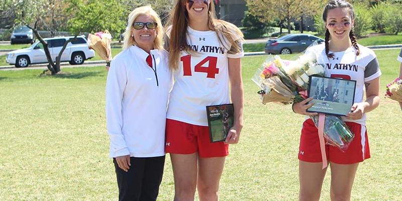 Bryn Athyn College head coach Denise Roessler with an international lacrosse student-athlete from Germany
