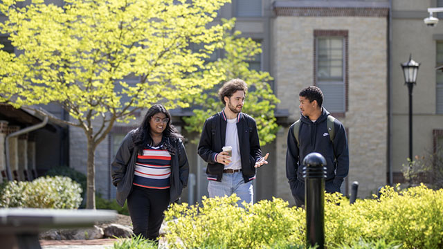 Students walk together on campus on a nice spring day