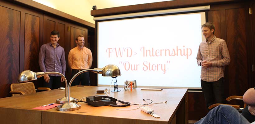 Bryn Athyn College students presenting a business pitch as part of their internship