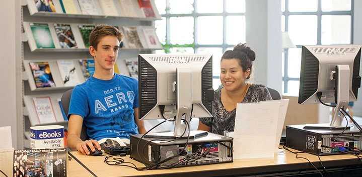 Students work at a computer in the library