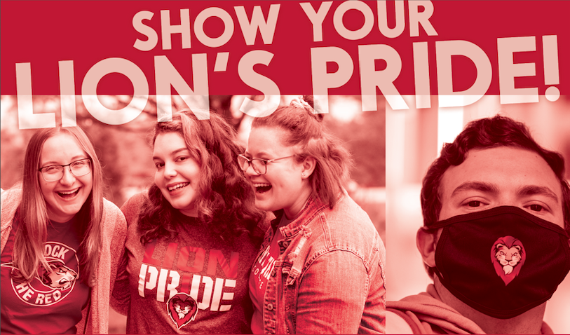Show Your Lion's Pride logo, and photos of students wearing BAC swag