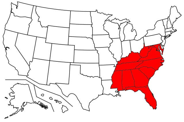 South Eastern District map highlighting MD, WV, VI, KY, TN, NC, SC, GA, AL, MS, and FL 