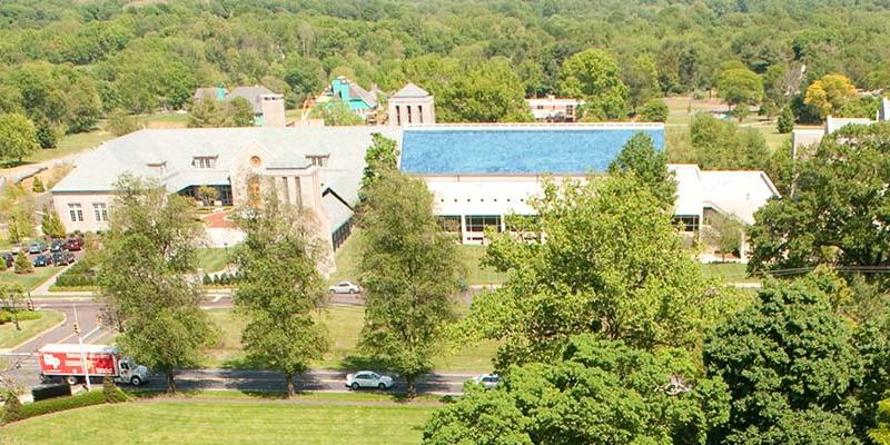 Aerial view of the Swedenborg Library, showcasing its iconic blue roof